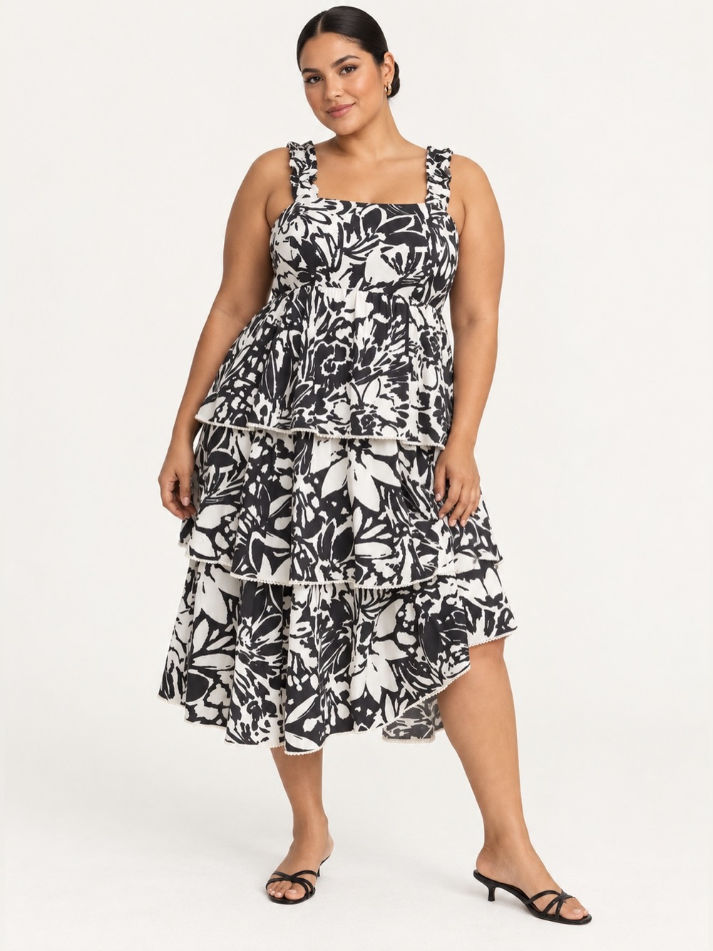 NWT | Torrid | Black & White Ruffle Strap Tiered Floral Midi Dress - Size 1X